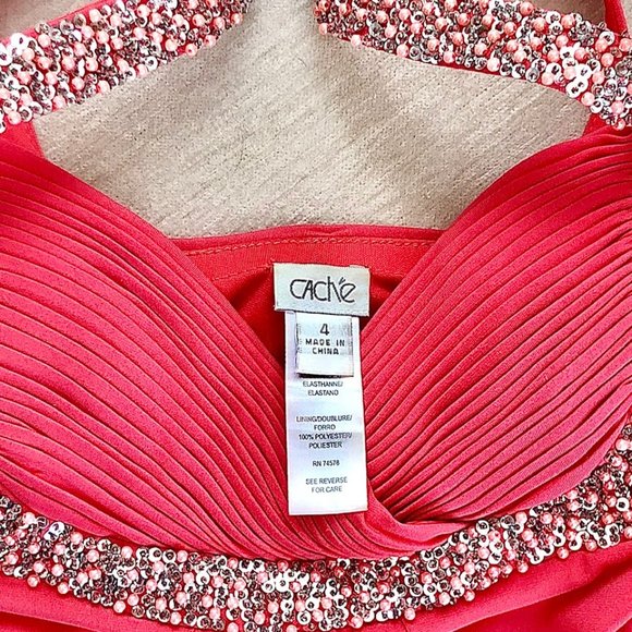 Cache Pink Dress Coral Beaded Sequin Silk Maxi Prom Dress Classic Elegance - Picture 11 of 13